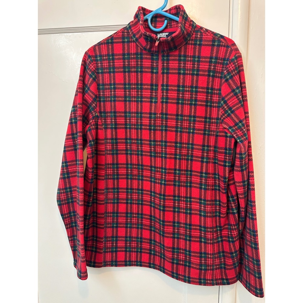 Lands End Womens Tall Large Red Plaid Fleece Quarter Zip Pullover Sweater L/T
